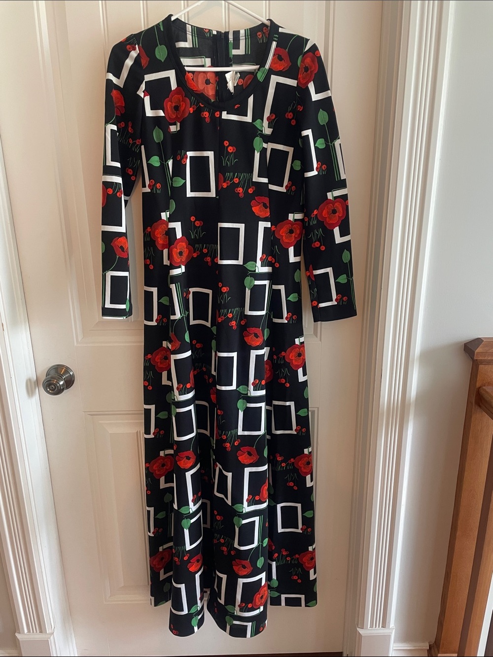 60’s  A-line Black Floral Graphic Maxi Dress with Red Poppies